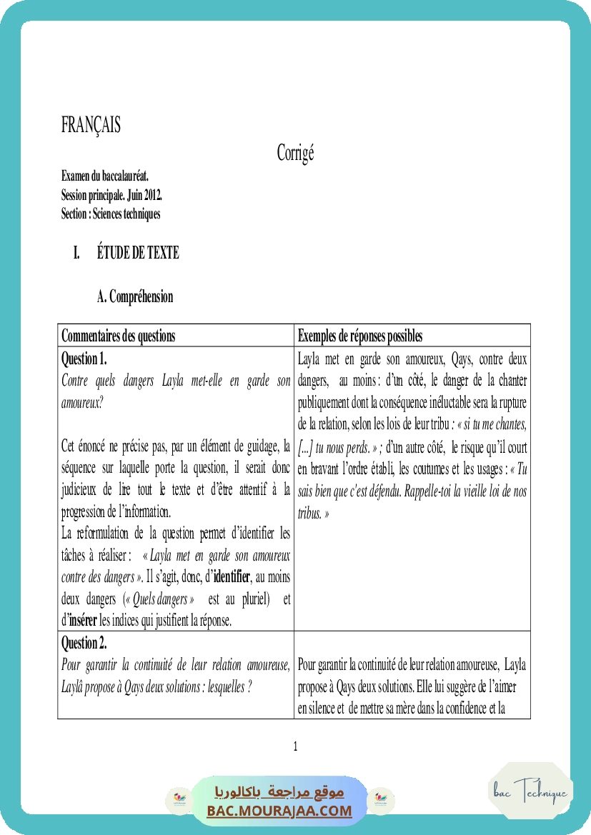 Corrigé principale francais Bac 2012 – Section technique